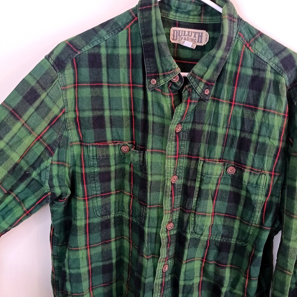 Duluth Trading Co Plaid Flannel Shirt Mens L Tall Green Excellent Slim Fit
